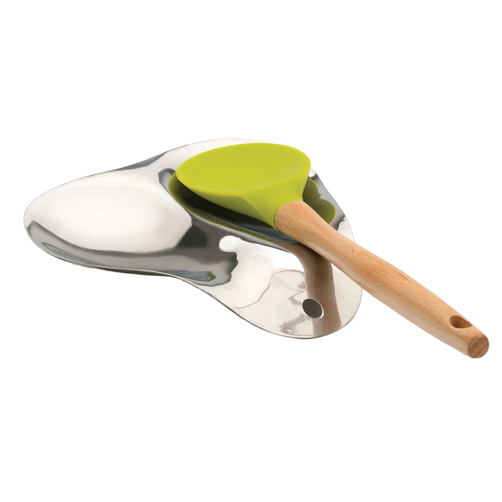 Polished 18/8 stainless steel double spoon rest with two separate utensil spots, featuring a sleek mirror finish and designed for practical use in kitchen accessories and gadgets collections.