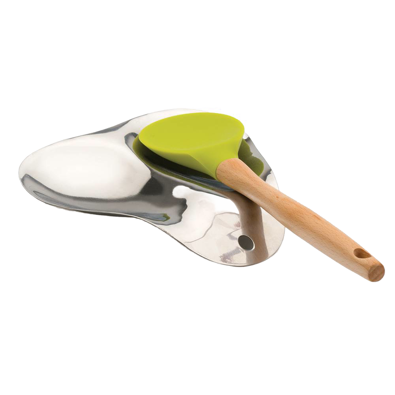 Polished 18/8 stainless steel double spoon rest with two separate utensil spots, featuring a sleek mirror finish and designed for practical use in kitchen accessories and gadgets collections.
