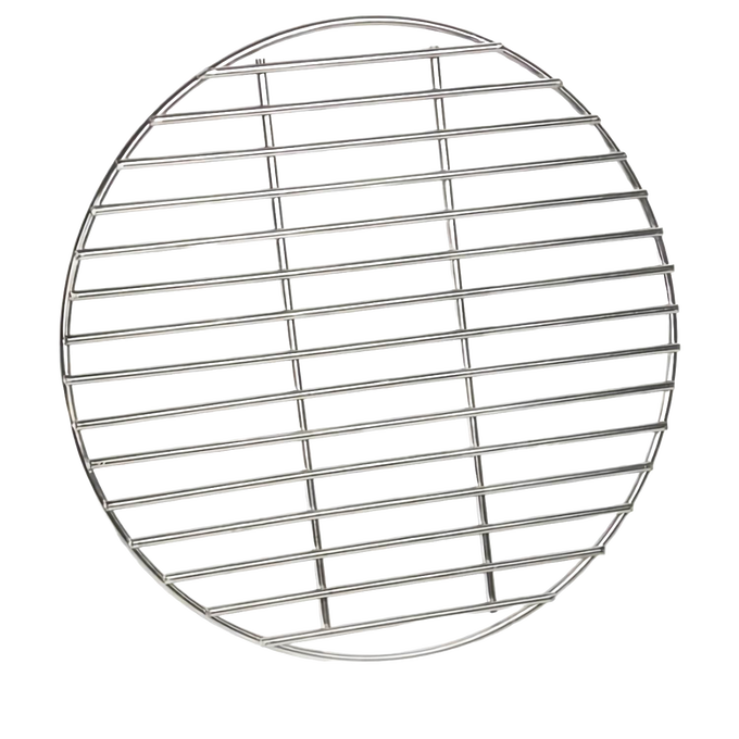 Round stainless steel charcoal grate with evenly spaced bars, designed for outdoor grilling and camping, featured in Farm, Garden & Tool, Camping, Best Sellers, and Promo Eligible collections.