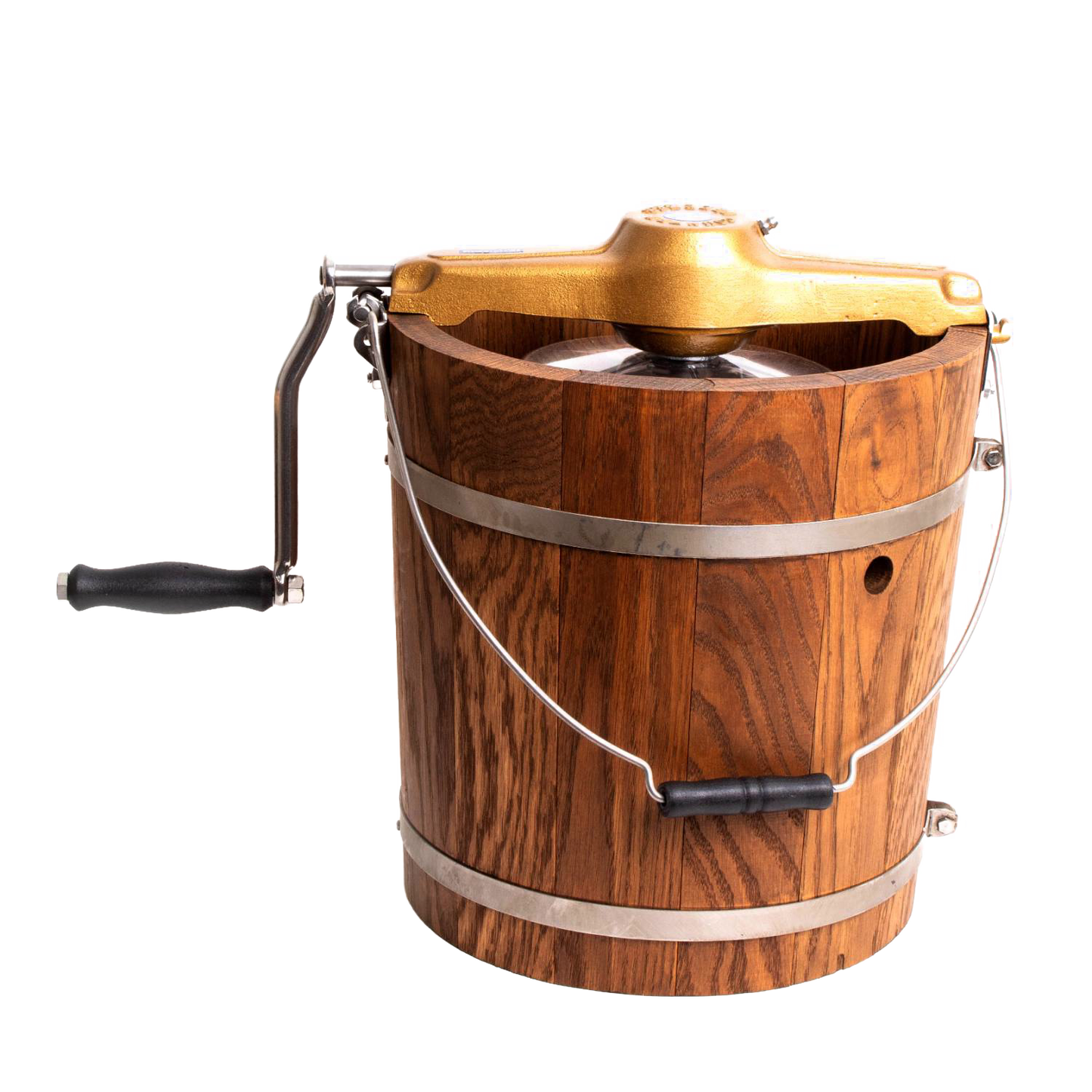 Handcrafted Amish made wooden ice cream freezer with rugged metal bands and smooth crank handle, designed for Kitchen & Food, Specialty Equipment, Making Ice Cream, USA Made, and Best Sellers collections.