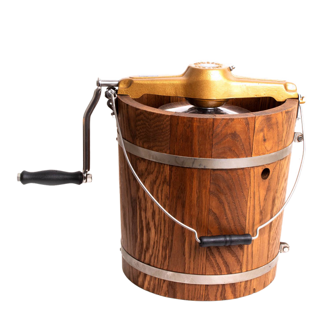 Handcrafted Amish made wooden ice cream freezer with rugged metal bands and smooth crank handle, designed for Kitchen & Food, Specialty Equipment, Making Ice Cream, USA Made, and Best Sellers collections.