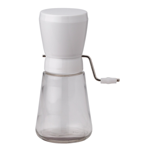 Traditional nut chopper featuring durable stainless steel blades, a plastic hopper with a lid, and a clear glass jar, designed for kitchen, food prep, and chopping tasks.