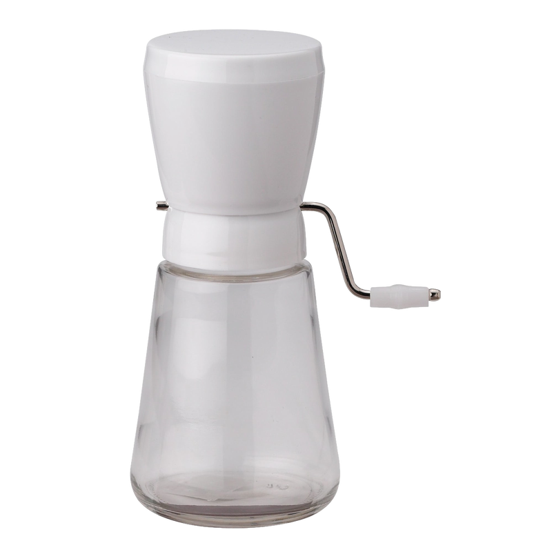 Traditional nut chopper featuring durable stainless steel blades, a plastic hopper with a lid, and a clear glass jar, designed for kitchen, food prep, and chopping tasks.