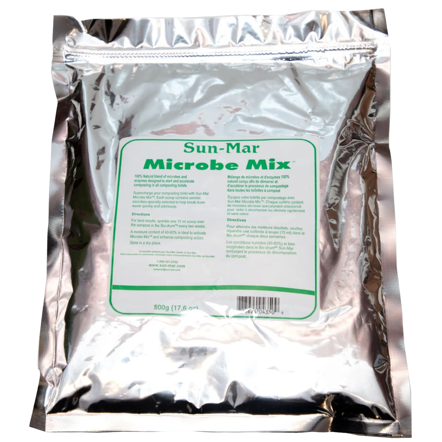 Silver foil pouch of Sun-Mar Microbe Mix aerobic bacteria designed to aid composting toilets, featured in Appliances, Composting Toilets, Best Sellers, Promo Eligible, and All Stoves & Appliances collections.