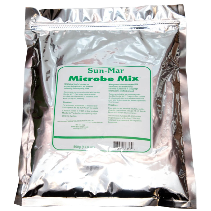 Silver foil pouch of Sun-Mar Microbe Mix aerobic bacteria designed to aid composting toilets, featured in Appliances, Composting Toilets, Best Sellers, Promo Eligible, and All Stoves & Appliances collections.