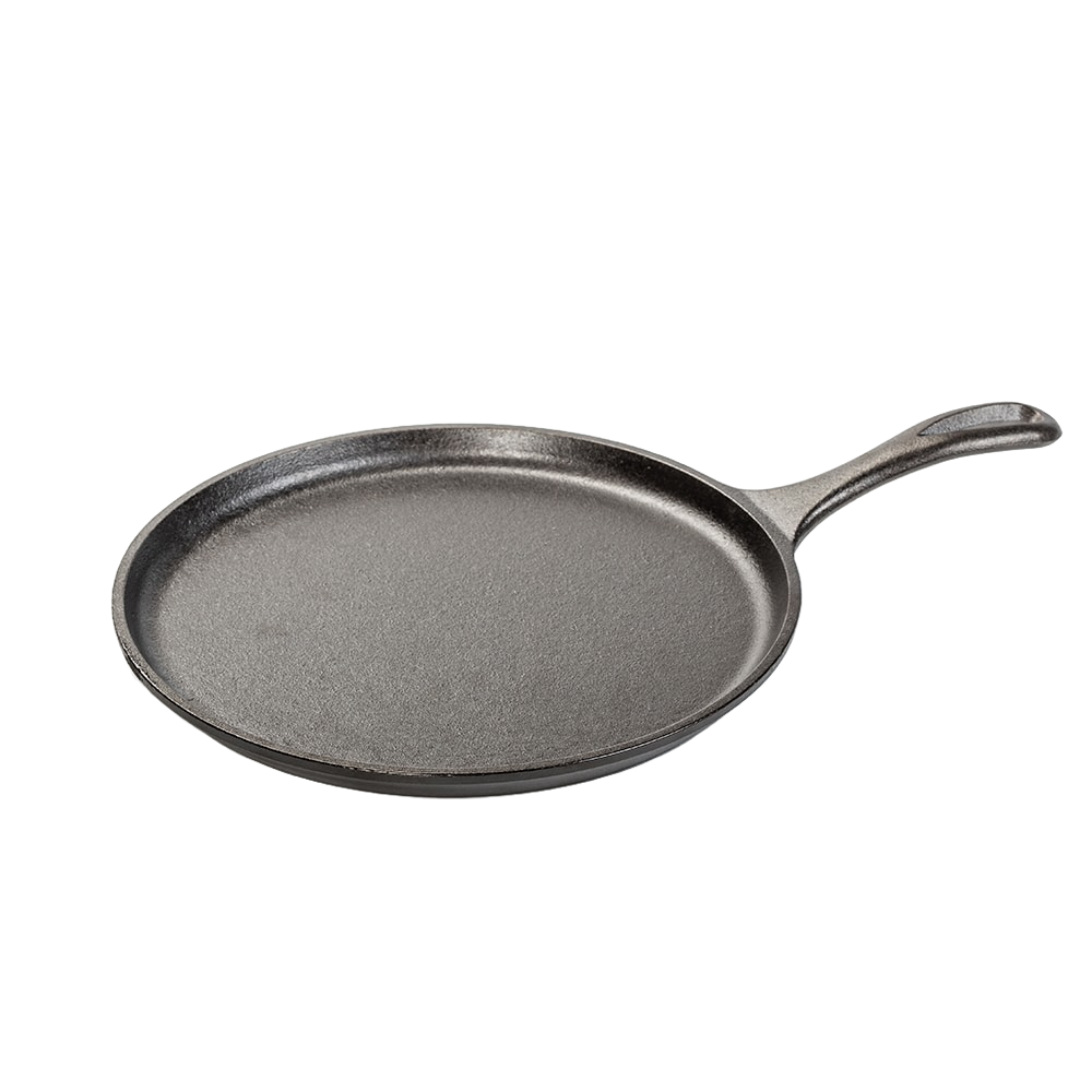Round cast iron griddle with a smooth cooking surface and ergonomic handle, handcrafted in the USA, ideal for Kitchen & Food, Cookware, Cast Iron, USA Made, and Best Sellers collections.