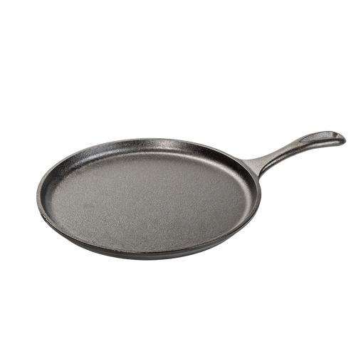 Round cast iron griddle with a smooth cooking surface and ergonomic handle, handcrafted in the USA, ideal for Kitchen & Food, Cookware, Cast Iron, USA Made, and Best Sellers collections.