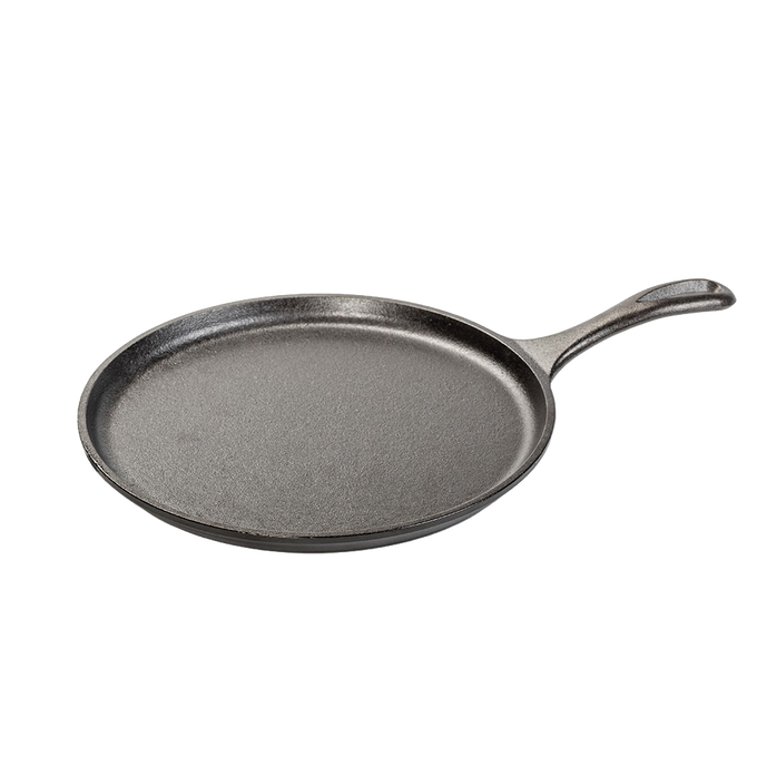 Round cast iron griddle with a smooth cooking surface and ergonomic handle, handcrafted in the USA, ideal for Kitchen & Food, Cookware, Cast Iron, USA Made, and Best Sellers collections.