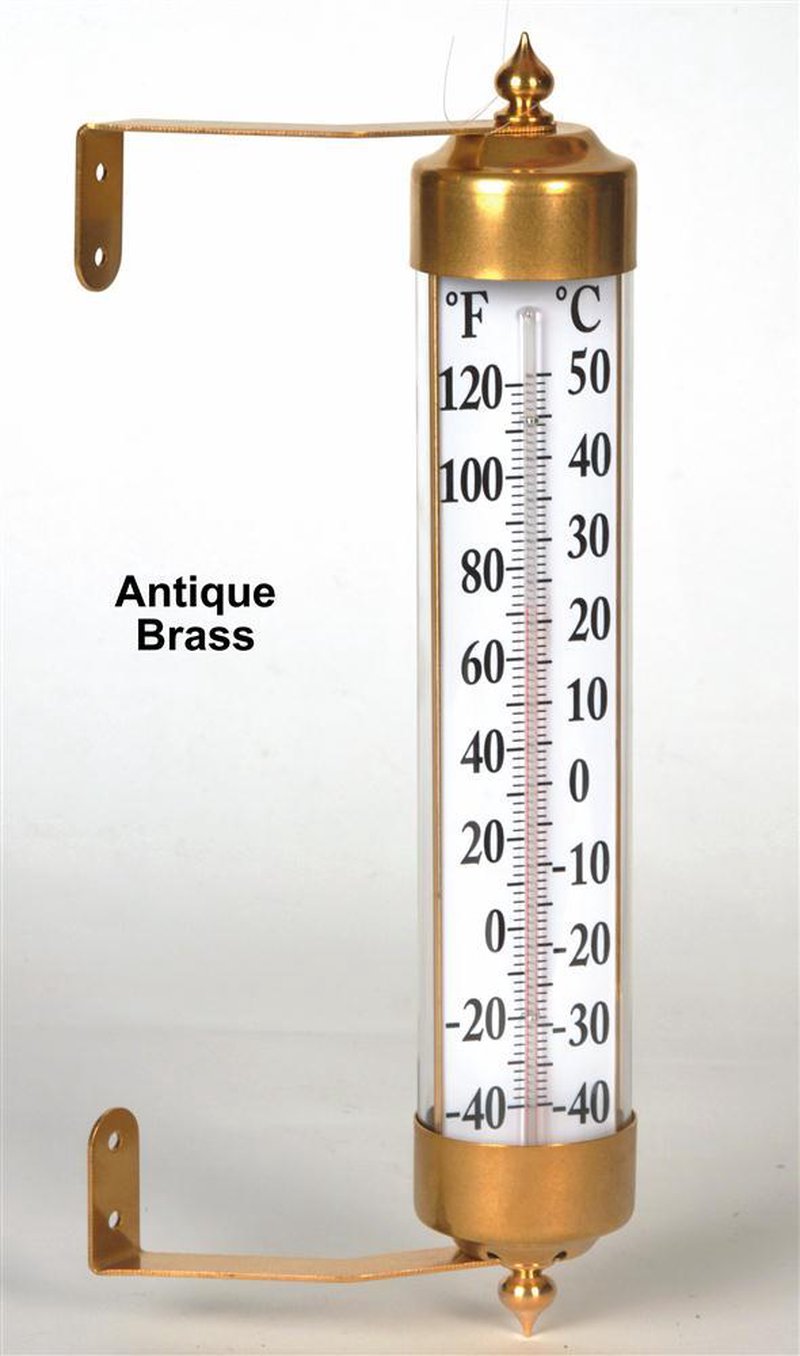 Extra-large wall-mounted thermometer with antique brass finish, featuring easy-to-read Fahrenheit and Celsius scales, ideal for Home & Decor, Garden Accessories, and Best Sellers collections.