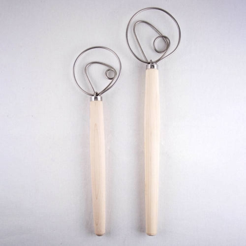 Two sizes of handcrafted dough whisks with wooden handles and spiral metal loops, made in USA, ideal for Kitchen & Food, Baking Supplies, Cookware, Amish Made, and Bread Making collections.