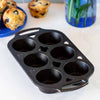 Cast iron muffin pan with six cups designed for even baking and browning, a handcrafted USA-made item ideal for Kitchen & Food, Cast Iron, Baking Supplies, and Best Sellers collections.