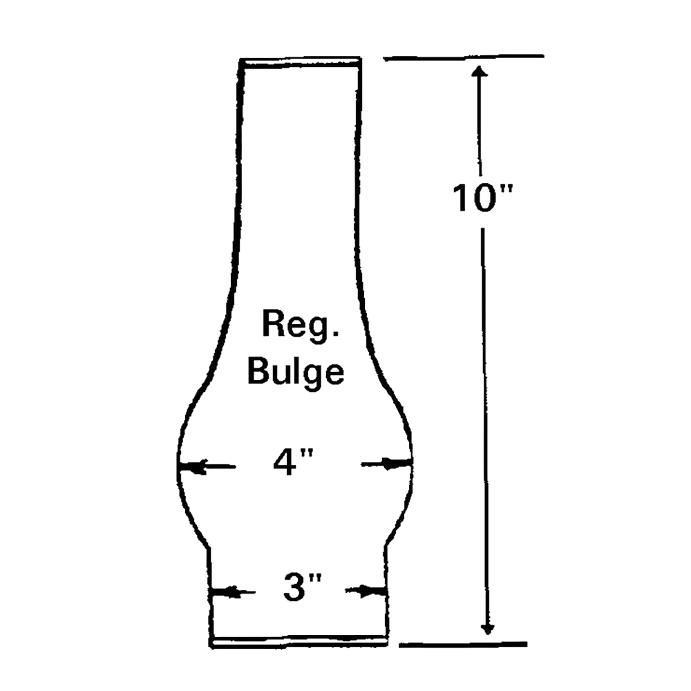 Diagram of a clear glass oil lamp chimney with a regular bulge center measuring 4 inches wide, a 3-inch base diameter, and a height of 10 inches, suitable for Lamps & Lighting, Parts and Accessories, Chimneys and Globes, Best Sellers, and Promo Eligible collections.