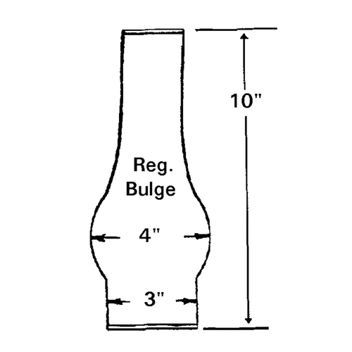 Diagram of a clear glass oil lamp chimney with a regular bulge center measuring 4 inches wide, a 3-inch base diameter, and a height of 10 inches, suitable for Lamps & Lighting, Parts and Accessories, Chimneys and Globes, Best Sellers, and Promo Eligible collections.