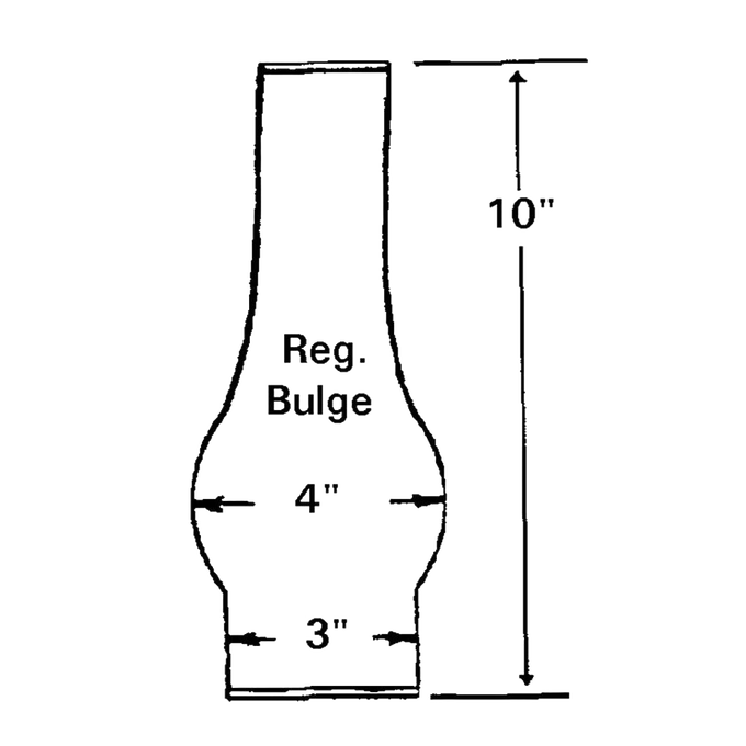 Diagram of a clear glass oil lamp chimney with a regular bulge center measuring 4 inches wide, a 3-inch base diameter, and a height of 10 inches, suitable for Lamps & Lighting, Parts and Accessories, Chimneys and Globes, Best Sellers, and Promo Eligible collections.
