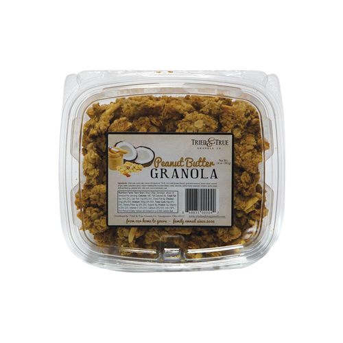 Clear plastic container filled with crunchy peanut butter granola featuring oats and peanut pieces, labeled with brand and nutritional info, part of Kitchen & Food and USA Made collections.