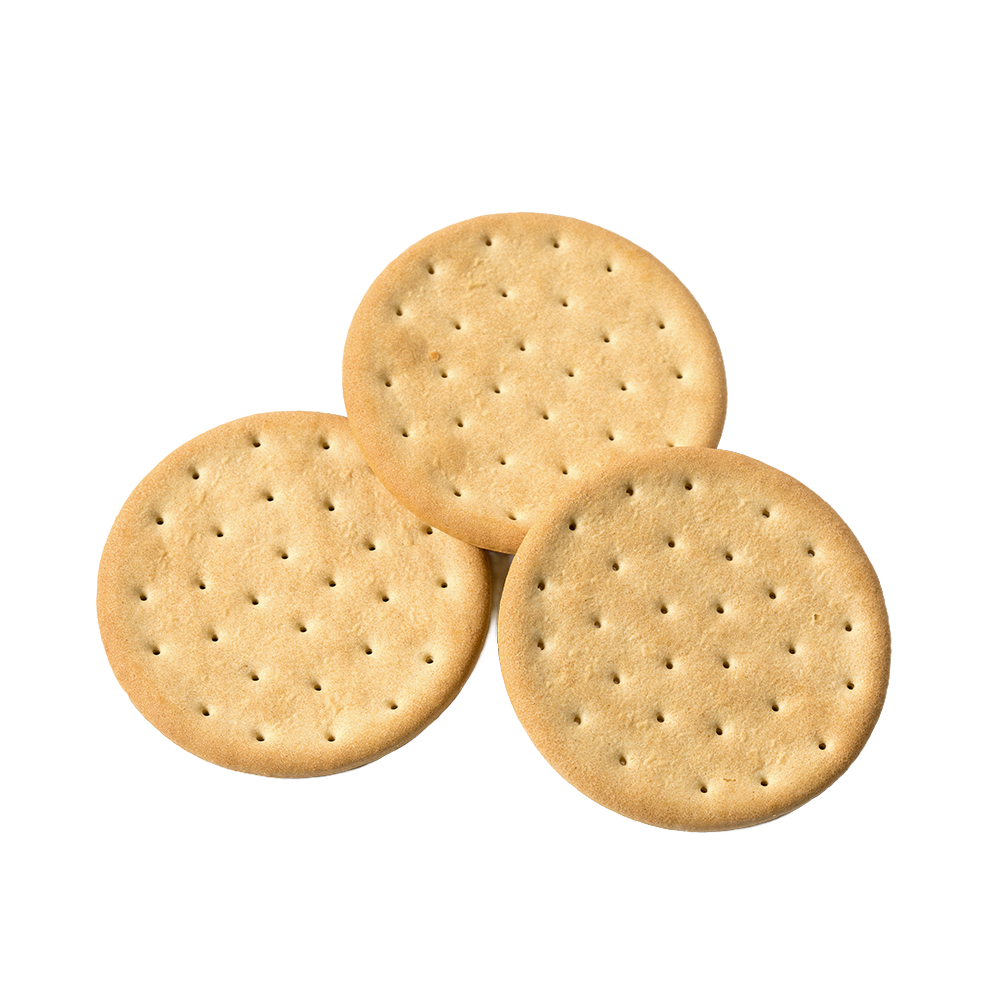 Three round emergency pilot bread crackers with uniform perforations, handcrafted and vacuum-sealed, perfect for farm, garden, kitchen, and emergency supply collections.