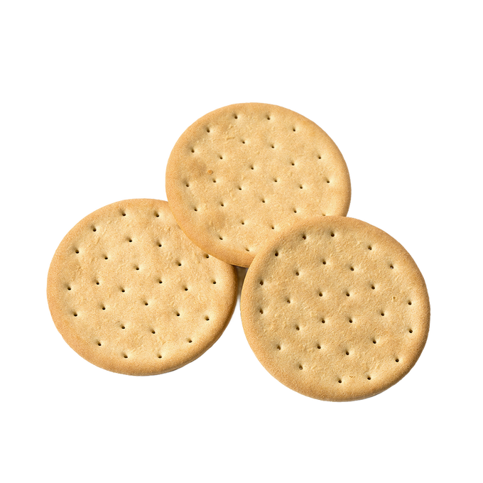 Three round emergency pilot bread crackers with uniform perforations, handcrafted and vacuum-sealed, perfect for farm, garden, kitchen, and emergency supply collections.