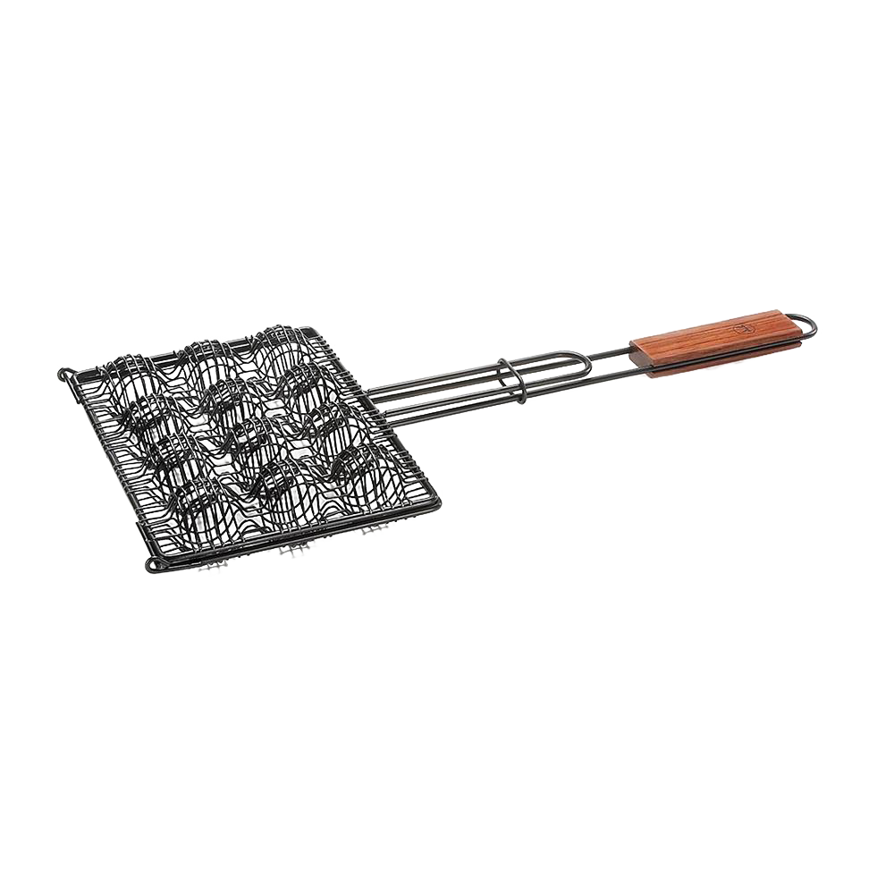 Nonstick grilling basket with a rosewood handle designed to hold 12 meatballs securely, handcrafted for durability and comfort, featured in Farm, Garden & Tool, Camping, and Best Sellers collections.