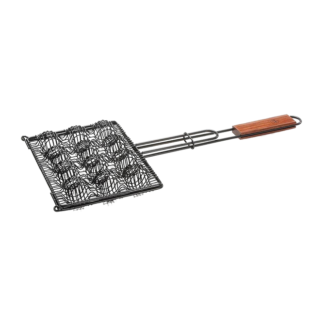 Nonstick grilling basket with a rosewood handle designed to hold 12 meatballs securely, handcrafted for durability and comfort, featured in Farm, Garden & Tool, Camping, and Best Sellers collections.
