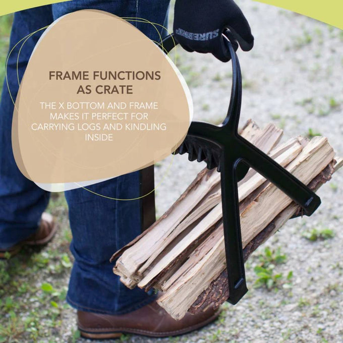 Person wearing gloves holding a sturdy black splitter frame carrying several split logs, designed for easy transport of kindling, featured in Farm, Garden & Tool and Wood Cutting collections.