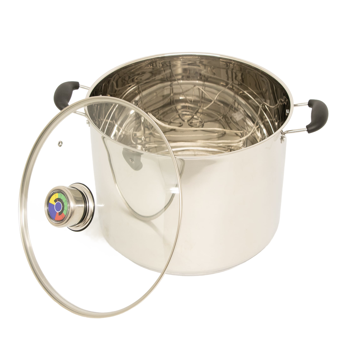 Stainless steel 21.5-quart water bath canner with clear glass lid featuring built-in temperature gauge and black handles, made for Kitchen & Food, Food Preservation, Canning, and Water Bath Canners collections.