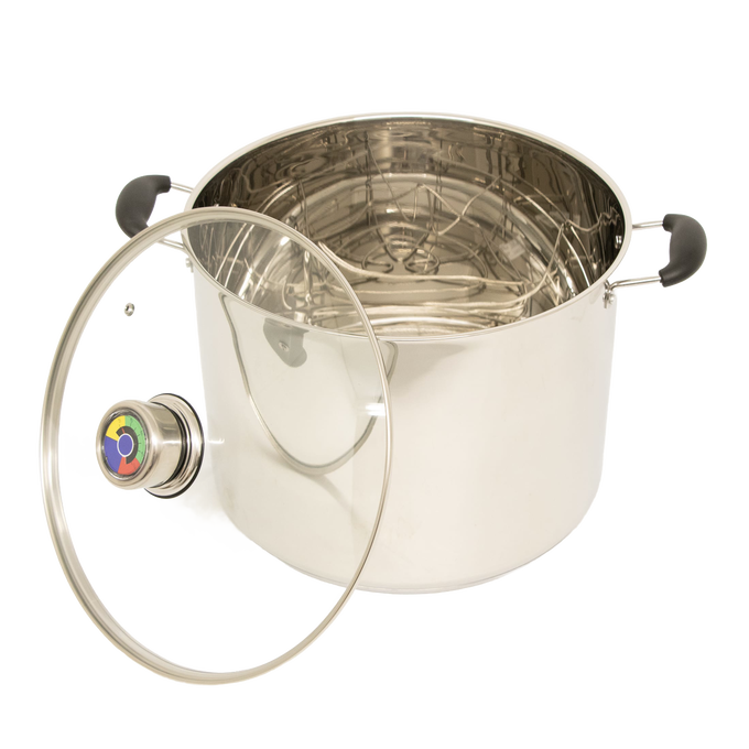 Stainless steel 21.5-quart water bath canner with clear glass lid featuring built-in temperature gauge and black handles, made for Kitchen & Food, Food Preservation, Canning, and Water Bath Canners collections.