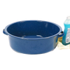 Blue enamelware dish basin with white speckles, straight sides, and handles, designed for versatile use in camping, household cleaning, and farm collections.