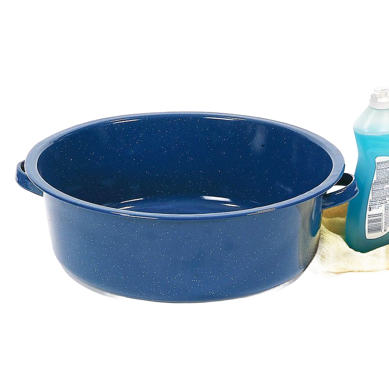 Blue enamelware dish basin with white speckles, straight sides, and handles, designed for versatile use in camping, household cleaning, and farm collections.