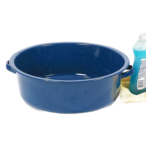 Blue enamelware dish basin with white speckles, straight sides, and handles, designed for versatile use in camping, household cleaning, and farm collections.