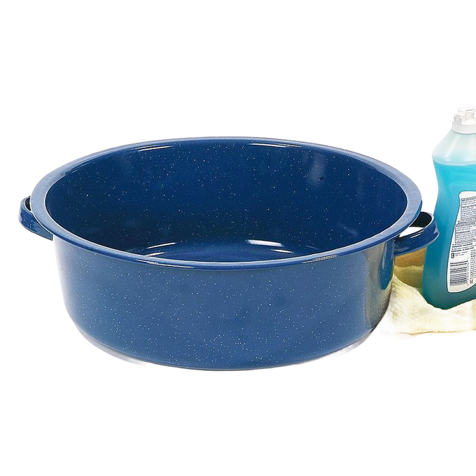 Blue enamelware dish basin with white speckles, straight sides, and handles, designed for versatile use in camping, household cleaning, and farm collections.