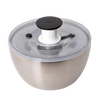 Brushed stainless steel salad spinner with clear locking lid and black push-button handle, designed to keep greens crisp and dry for Kitchen & Food, Kitchen Gadgets, and Best Sellers collections.