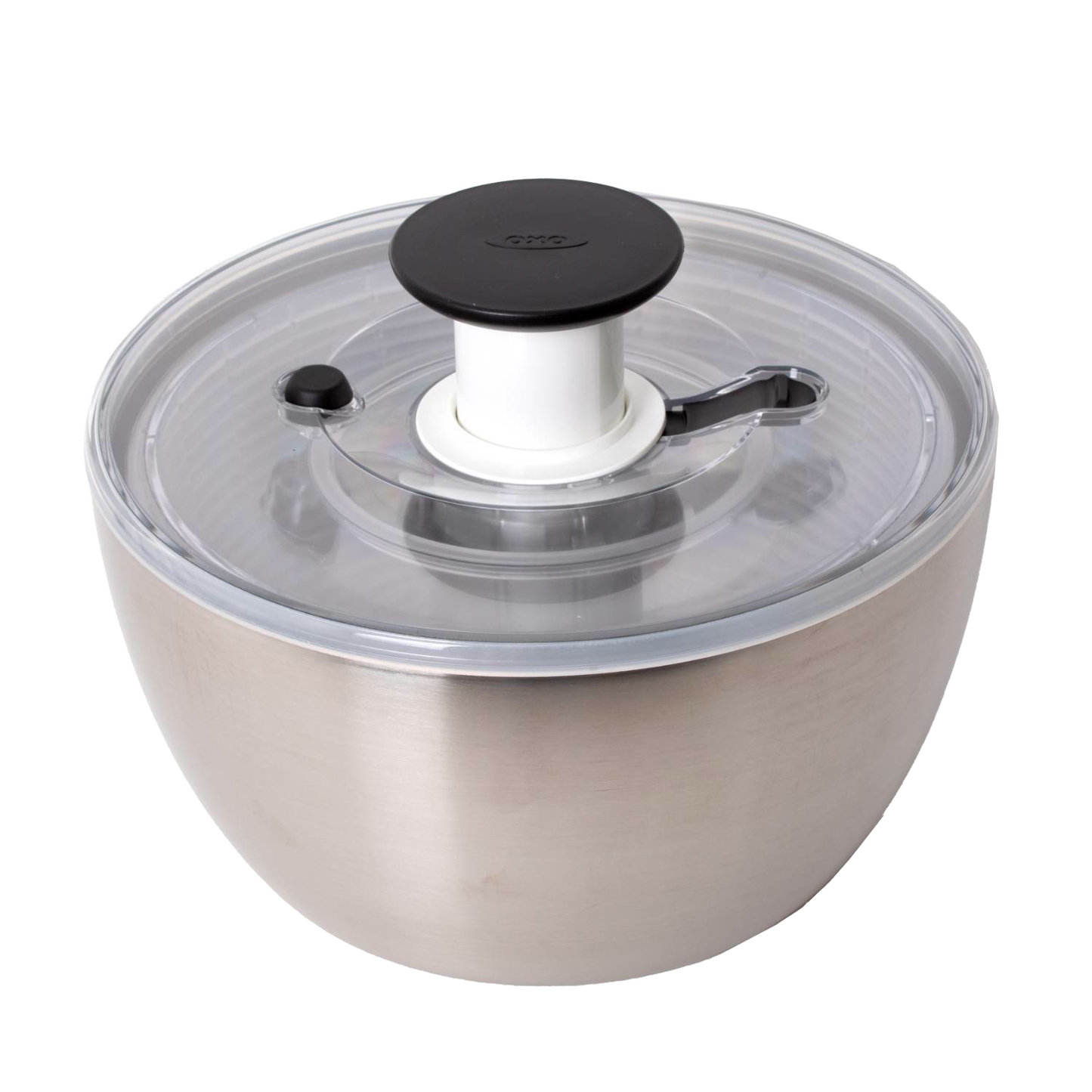 Brushed stainless steel salad spinner with clear locking lid and black push-button handle, designed to keep greens crisp and dry for Kitchen & Food, Kitchen Gadgets, and Best Sellers collections.