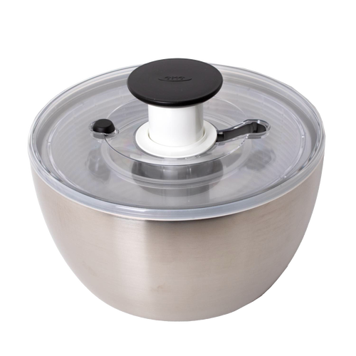 Brushed stainless steel salad spinner with clear locking lid and black push-button handle, designed to keep greens crisp and dry for Kitchen & Food, Kitchen Gadgets, and Best Sellers collections.