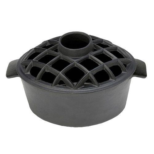 Heavy-duty flat black iron stovetop steamer with a lattice-pattern lid and side handles, designed for adding moisture naturally on wood stoves, featured in Stoves and Hearth Accessories collections.