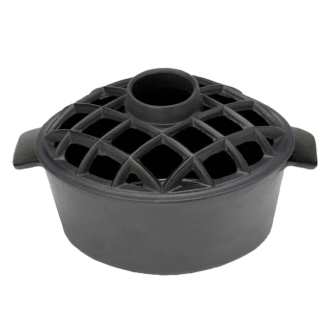 Heavy-duty flat black iron stovetop steamer with a lattice-pattern lid and side handles, designed for adding moisture naturally on wood stoves, featured in Stoves and Hearth Accessories collections.
