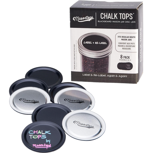 Set of reusable blackboard jar lids in black and silver finishes, labeled with colorful chalk, shown with packaging box; ideal for Home & Decor, Decor, Best Sellers, Promo Eligible collections.