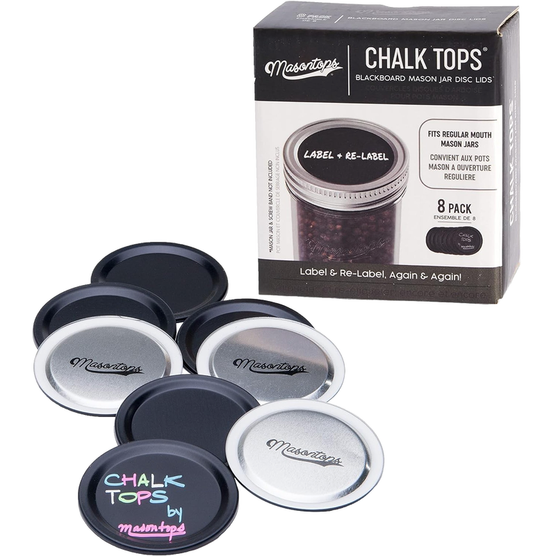 Set of reusable blackboard jar lids in black and silver finishes, labeled with colorful chalk, shown with packaging box; ideal for Home & Decor, Decor, Best Sellers, Promo Eligible collections.