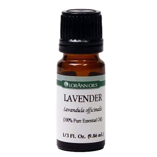 Amber glass bottle of lavender essential oil with black cap and white label, featuring botanical name and volume, ideal for health remedies and aromatherapy collections.