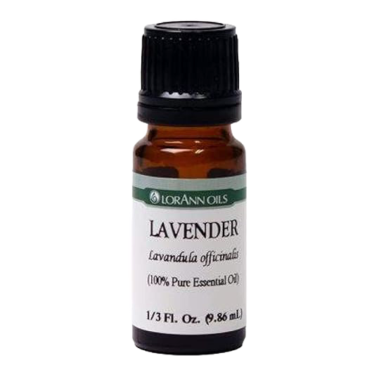 Amber glass bottle of lavender essential oil with black cap and white label, featuring botanical name and volume, ideal for health remedies and aromatherapy collections.