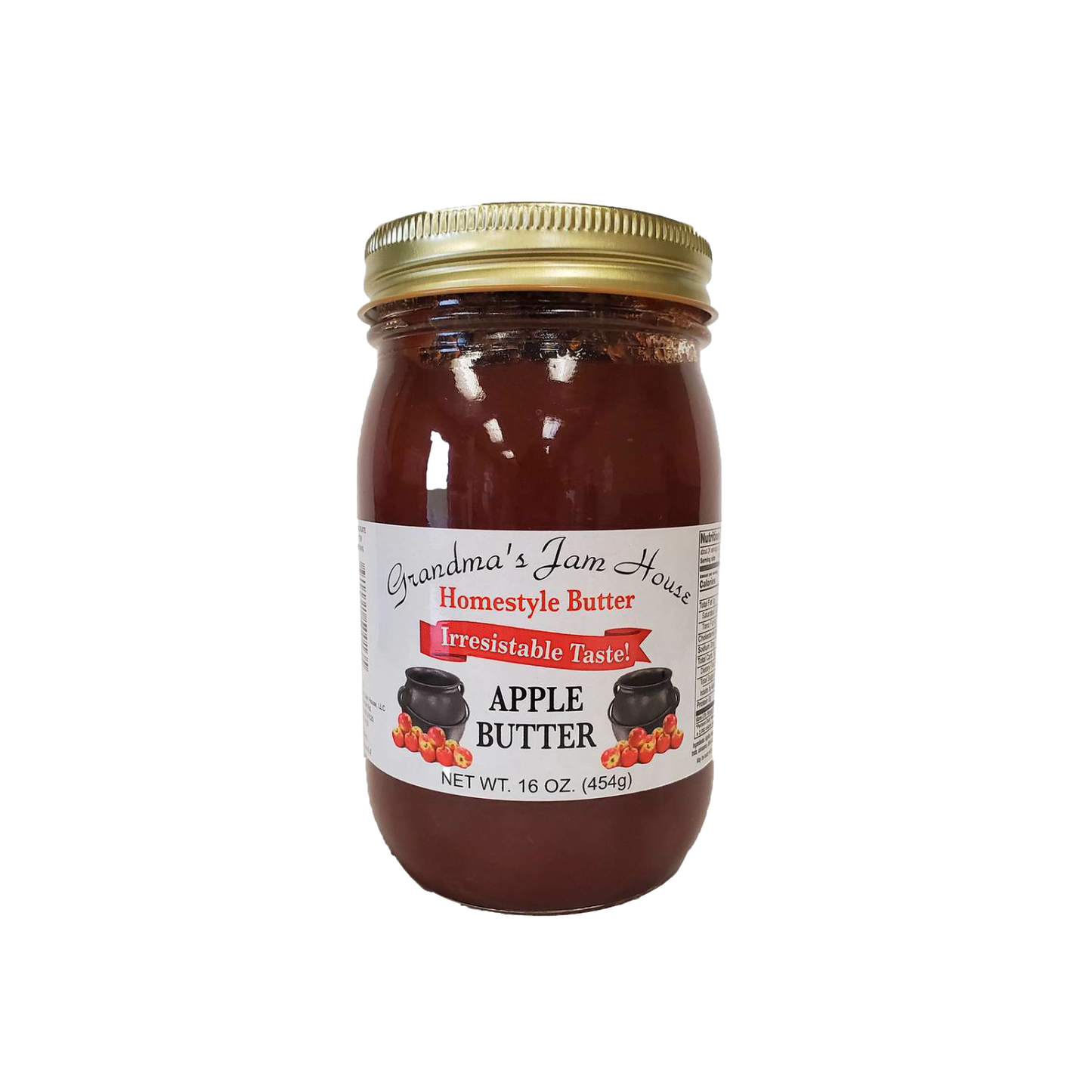 Handcrafted jar of apple butter with gold lid and white label featuring fruit and pot illustrations, made in USA, ideal for Kitchen & Food, Pantry, Peanut Butter & Jellies, Best Sellers, and Promo Eligible collections.