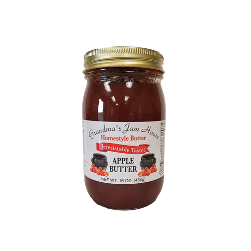 Handcrafted jar of apple butter with gold lid and white label featuring fruit and pot illustrations, made in USA, ideal for Kitchen & Food, Pantry, Peanut Butter & Jellies, Best Sellers, and Promo Eligible collections.