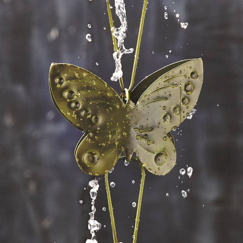 Metal butterfly rain chain piece with water droplets cascading down, designed for outdoor garden decor, featured in Farm, Garden & Tool and Garden Accessories collections.