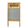 Galvanized metal washboard with a traditional wavy surface and natural wood frame featuring vintage-style printed nameplate, ideal for Laundry Supplies, Home & Decor, and USA Made collections.