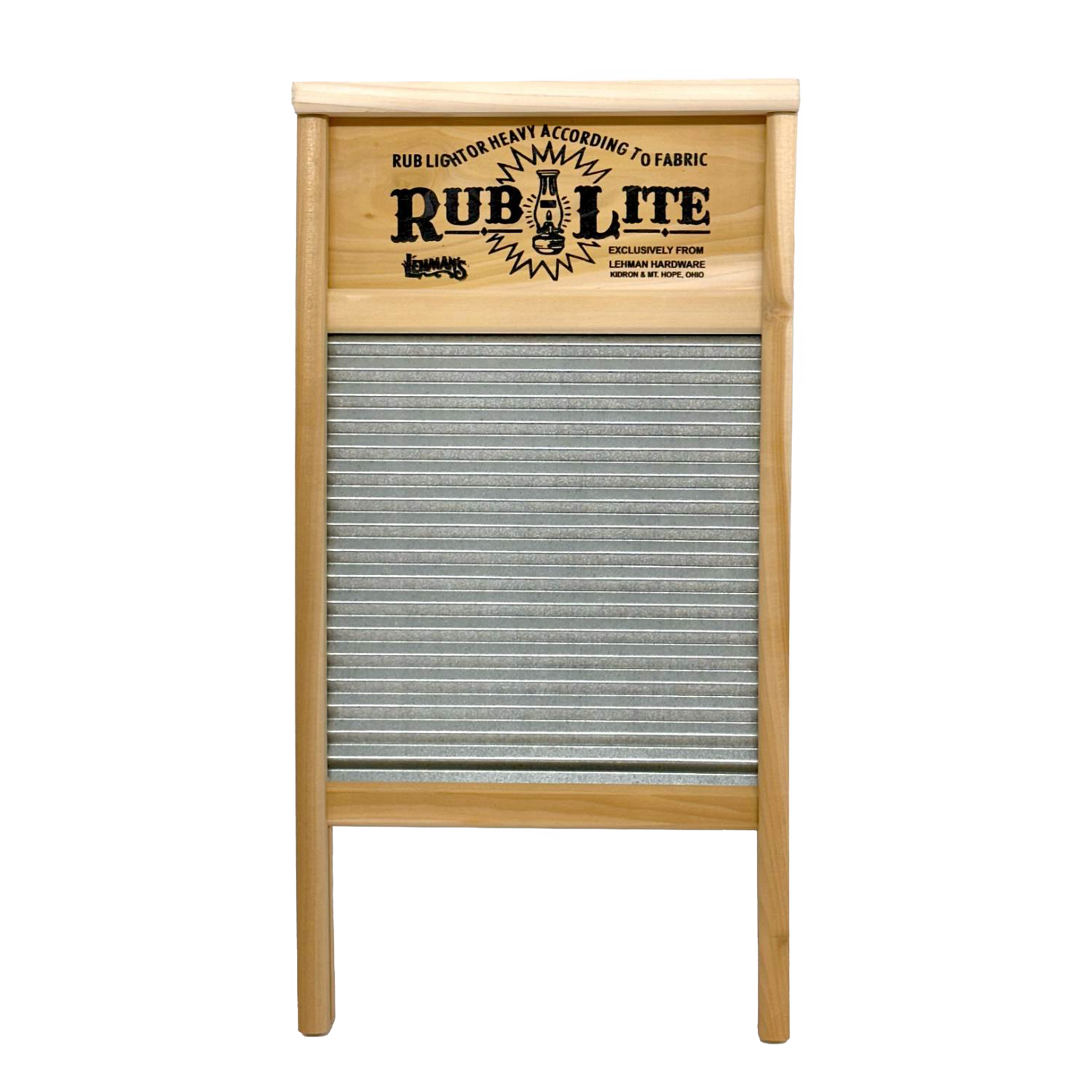 Galvanized metal washboard with a traditional wavy surface and natural wood frame featuring vintage-style printed nameplate, ideal for Laundry Supplies, Home & Decor, and USA Made collections.