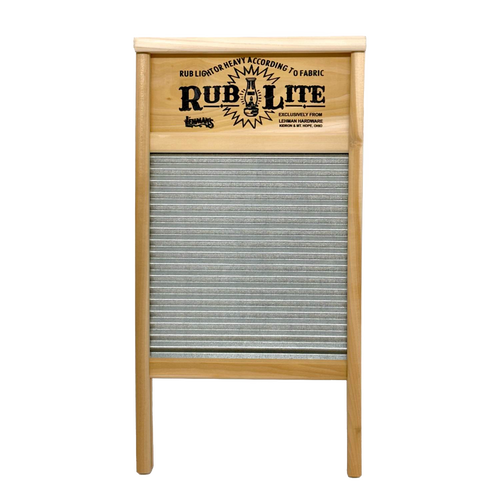 Galvanized metal washboard with a traditional wavy surface and natural wood frame featuring vintage-style printed nameplate, ideal for Laundry Supplies, Home & Decor, and USA Made collections.