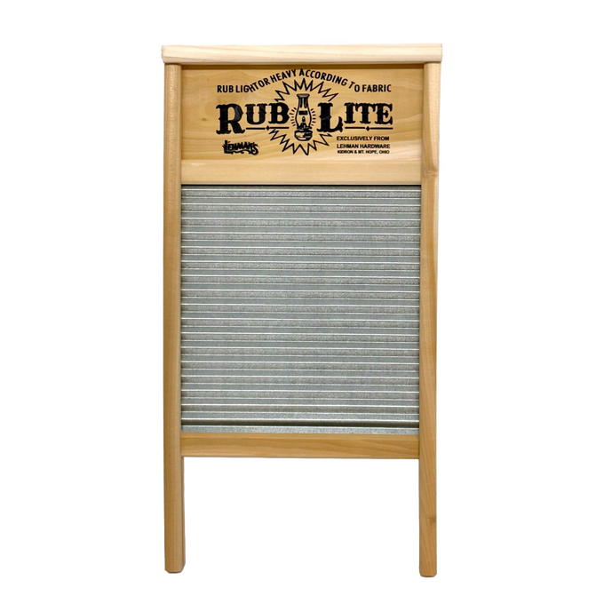 Galvanized metal washboard with a traditional wavy surface and natural wood frame featuring vintage-style printed nameplate, ideal for Laundry Supplies, Home & Decor, and USA Made collections.