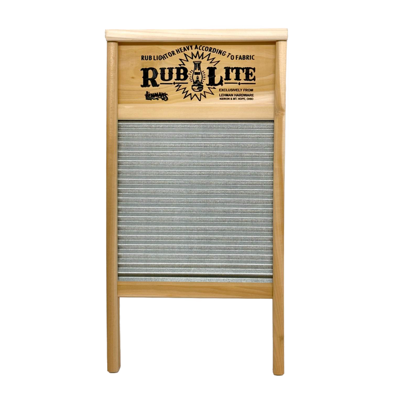 Galvanized metal washboard with a traditional wavy surface and natural wood frame featuring vintage-style printed nameplate, ideal for Laundry Supplies, Home & Decor, and USA Made collections.