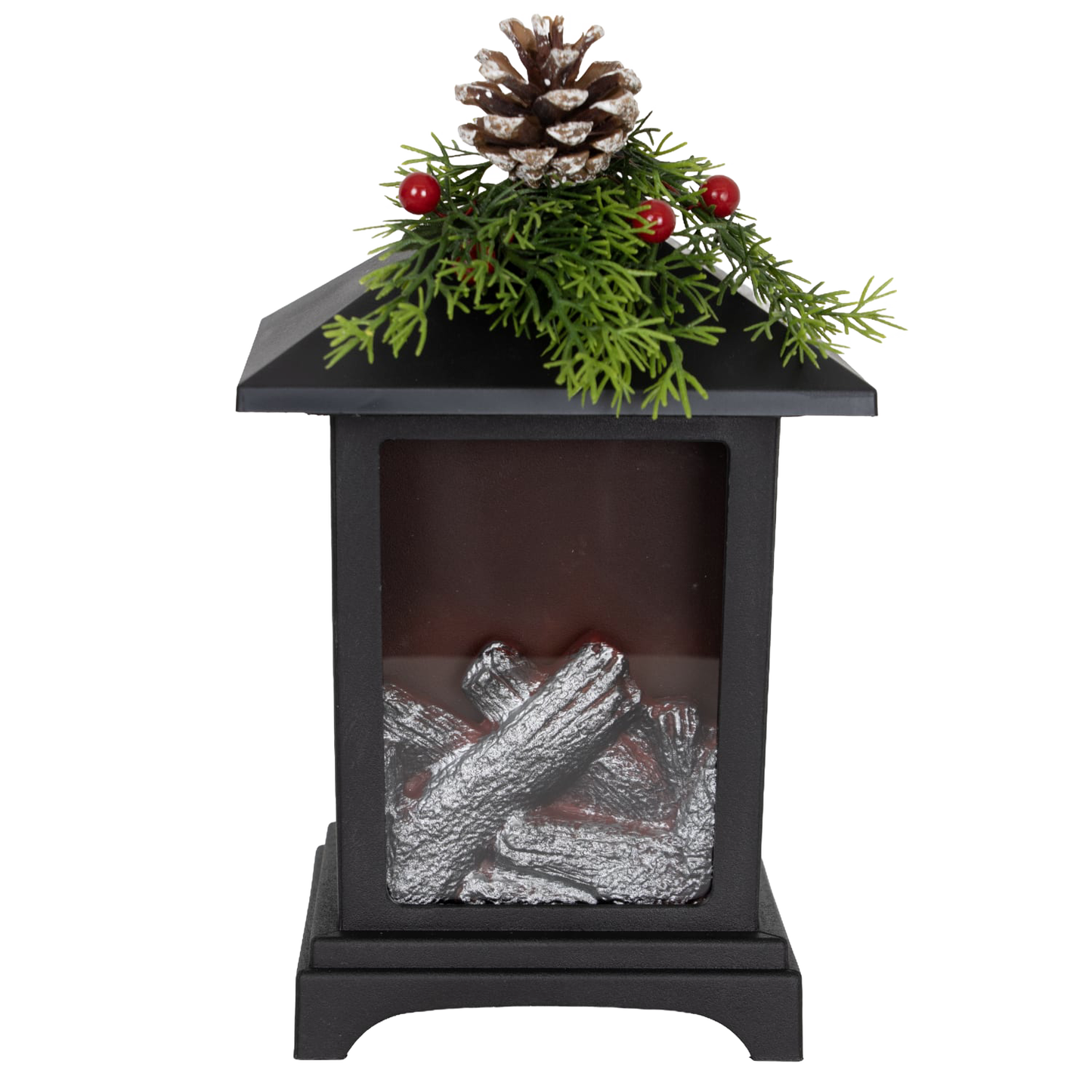 Unique handcrafted LED lantern featuring a cozy faux fireplace with silver logs, topped with faux pine sprigs, red berries, and a pinecone, ideal for Home & Decor, Holiday Decor, and Best Sellers collections.