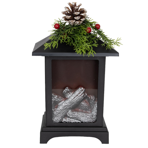 Unique handcrafted LED lantern featuring a cozy faux fireplace with silver logs, topped with faux pine sprigs, red berries, and a pinecone, ideal for Home & Decor, Holiday Decor, and Best Sellers collections.
