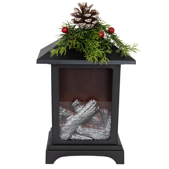 Unique handcrafted LED lantern featuring a cozy faux fireplace with silver logs, topped with faux pine sprigs, red berries, and a pinecone, ideal for Home & Decor, Holiday Decor, and Best Sellers collections.
